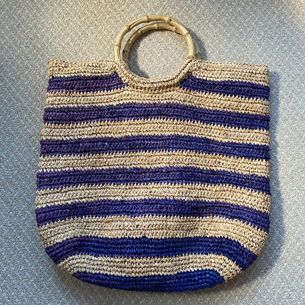 J. McLaughlin Straw Tote with Blue and Natural Stripes